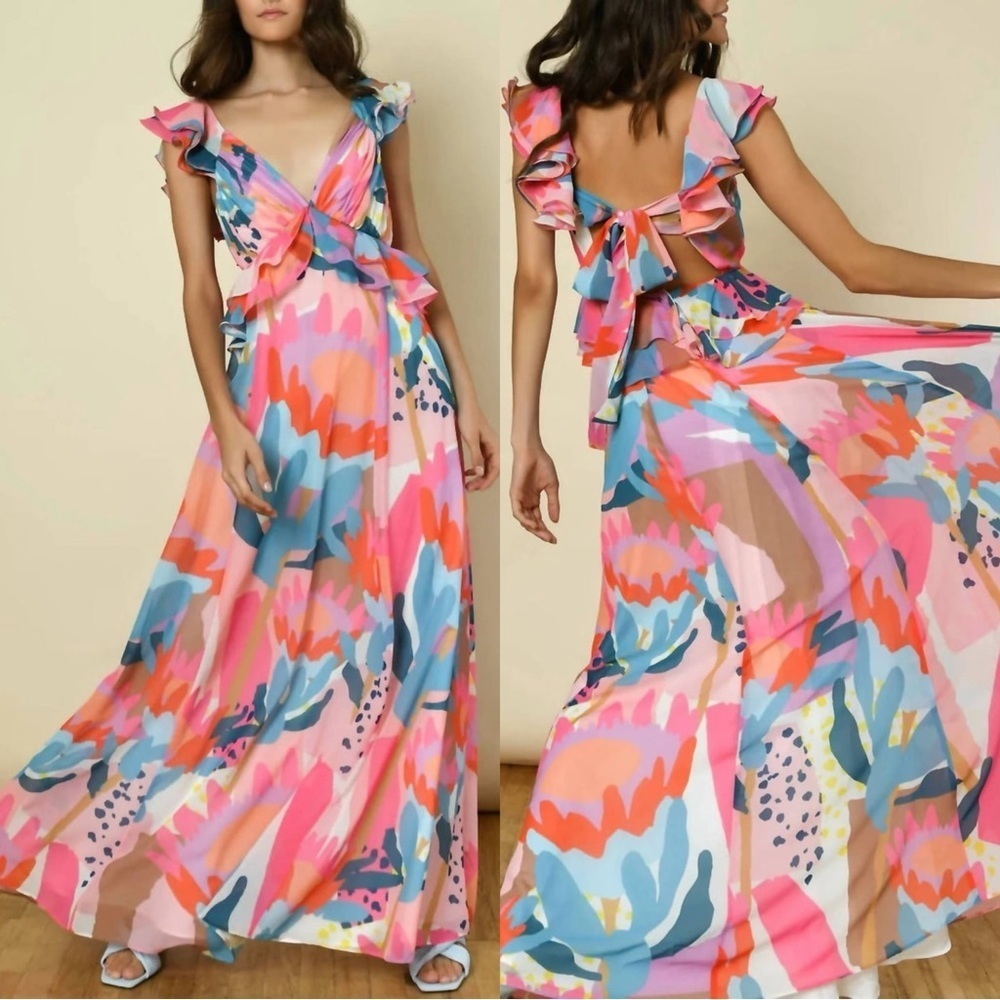 Hutch Multicolor Pink Blue Coral Ruffle Maxi Dress
